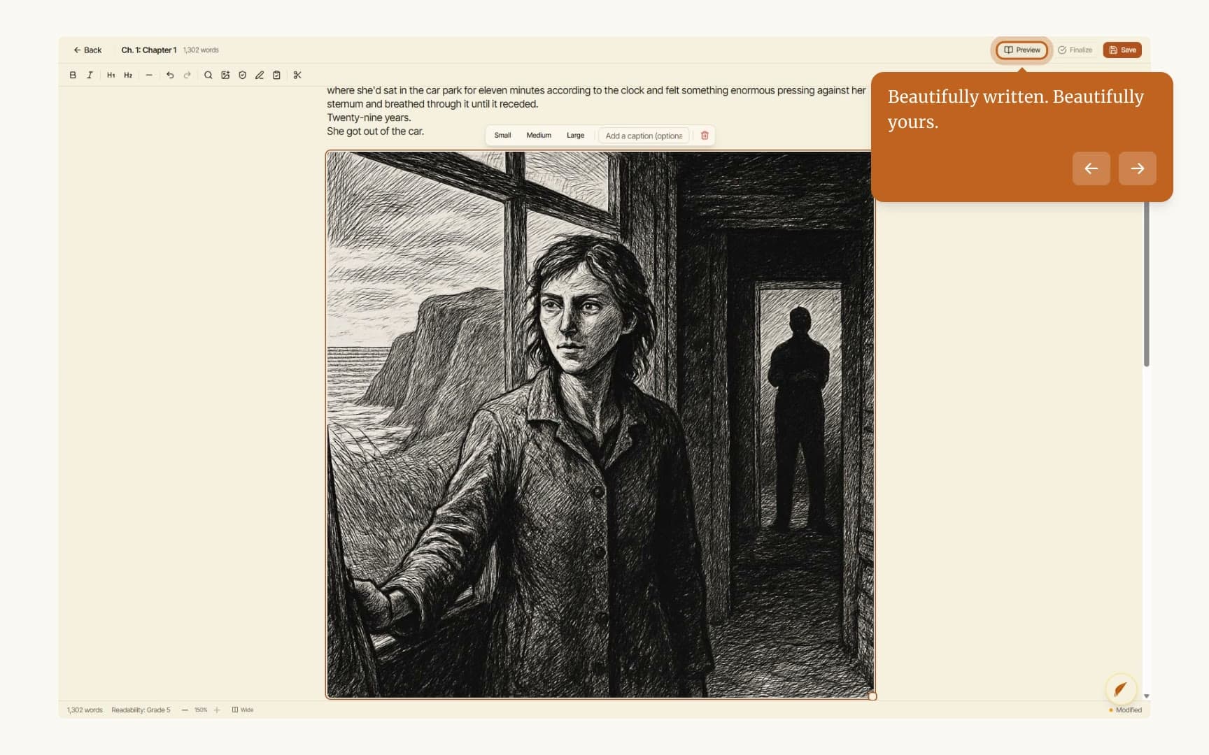 A CharmWriter chapter taking shape on screen, from spoken words to a finished, illustrated page