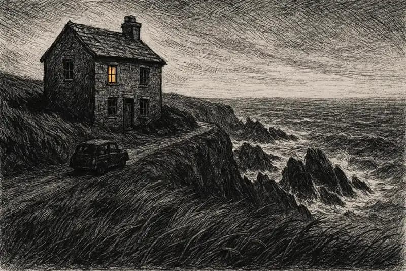 Pencil illustration for Chapter 1: a stone house on a cliff above the sea, one window lit, a car on the lane